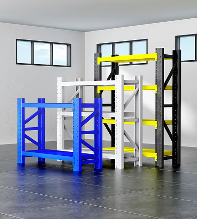 Multi Colored Metal Storage Shelving Units Displayed Indoors With Window Background 3d model