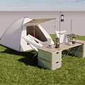 Spacious Camping Tent On Green Grass With Wooden Table Storage Boxes Lantern And Coffee Maker 3d model
