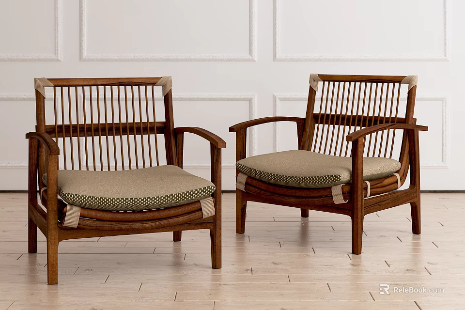 Elegant Wooden Single Sofa With Woven Backrest And Light Gray Cushion On Wooden Floor 3d model 
