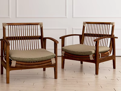 Elegant Wooden Single Sofa With Woven Backrest And Light Gray Cushion On Wooden Floor 3d model
