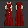 Elegant Red Long Dress Front Back View With Golden Belt And Lace Sleeves