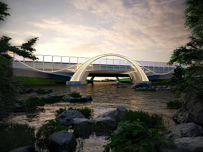Road Infrastructure Featuring Arch Bridge Over River With Evening Sky Natural Surroundings And Illuminated Design 3d model