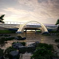 Road Infrastructure Featuring Arch Bridge Over River With Evening Sky Natural Surroundings And Illuminated Design