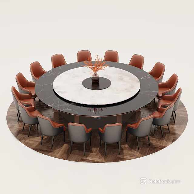 Elegant Round Dining Table With Marble Top And Vase Centerpiece Surrounded By Orange Gray Chairs 3d model 