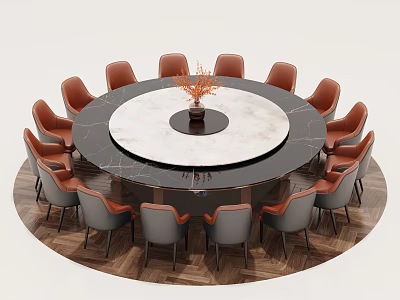 Elegant Round Dining Table With Marble Top And Vase Centerpiece Surrounded By Orange Gray Chairs 3d model