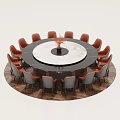 Elegant Round Dining Table With Marble Top And Vase Centerpiece Surrounded By Orange Gray Chairs