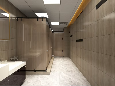 Modern Public Restroom With Tiled Walls Stalls Sink And Ceiling Lights 3d model