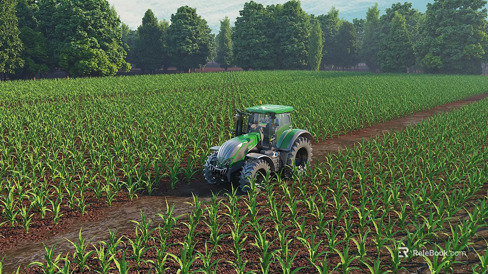 Scenic Green Cornfield Agricultural Landscape With Tractor Driving Through Rows And Background Trees 3d model 