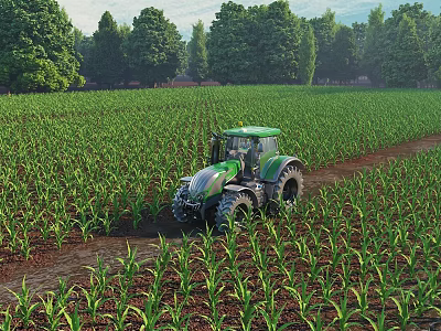 Scenic Green Cornfield Agricultural Landscape With Tractor Driving Through Rows And Background Trees 3d model