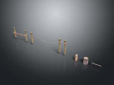 Golden Pillars Connected by Red Strings with Cylindrical and Threaded Objects on Dark Reflective Background 3d model
