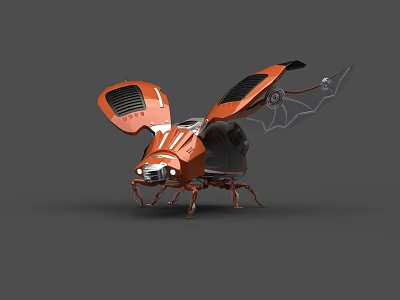 Orange Mechanical Flying Insect With Robotic Wings And Metallic Body Structure 3d model