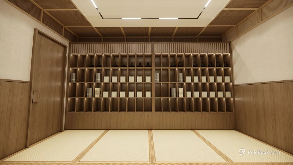 Traditional Shower Sauna Interior With Wooden Lockers And Tatami Flooring 3d model 