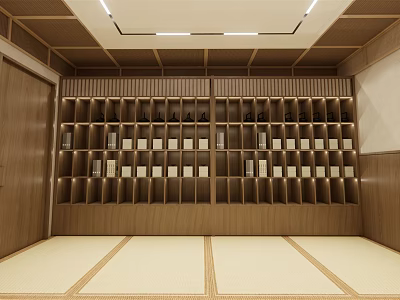 Traditional Shower Sauna Interior With Wooden Lockers And Tatami Flooring 3d model