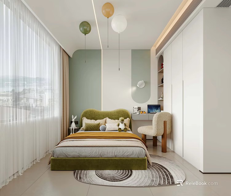Modern Kids Bedroom With Green Bed Hanging Lamps And Study Desk 3d model 
