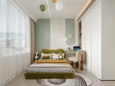 Modern Kids Bedroom With Green Bed Hanging Lamps And Study Desk 3d model