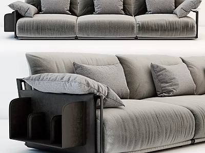 Modern Three Seater Velvet Sofa With Gray Cushions And Black Metal Legs 3d model