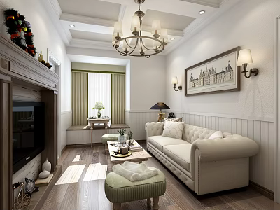 Elegant Classic Living Room With Chandelier Cream Sofa Fireplace Wooden Floor And Wall Art 3d model