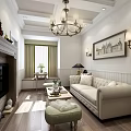 Elegant Classic Living Room With Chandelier Cream Sofa Fireplace Wooden Floor And Wall Art