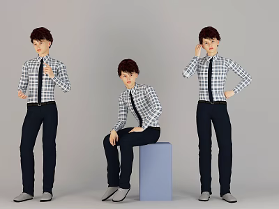 Man in Checkered Shirt and Tie with Different Standing Sitting Poses and Blue Cube 3d model