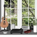 Decorative Ornament Set With Wooden Guitar Record Player Red Car Model And Flower Vase