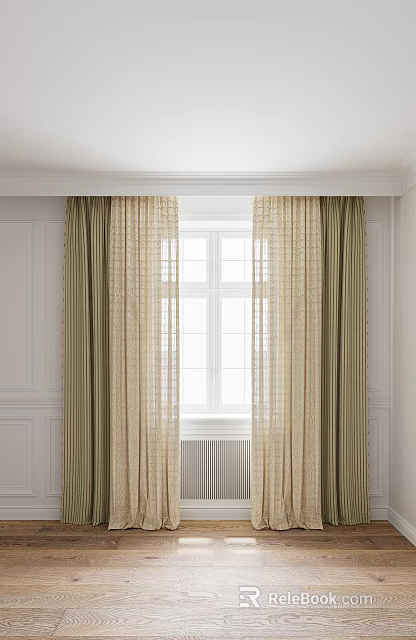 Simple Interior Window Curtains With Outer Dark Green Striped And Inner Beige Grid Sheer 3d model