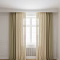 Simple Interior Window Curtains With Outer Dark Green Striped And Inner Beige Grid Sheer 3d model