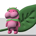 Inflatable Pink Cartoon Hippo Figure With Green Hat Bowtie And Big Leaf
