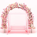Pink Floral Arch With Bench And Decorative Flowers Design Setup