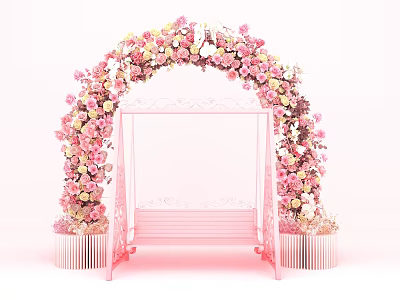 Pink Floral Arch With Bench And Decorative Flowers Design Setup 3d model