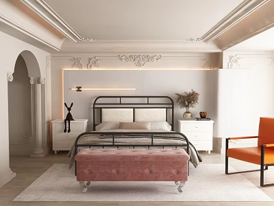 Modern Bedroom Interior With Black Metal Bed Pink Bench Orange Armchair And White Nightstands 3d model