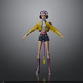 3D Character With Pink Hair Headphones Yellow Jacket Shorts And Purple Socks Shoes