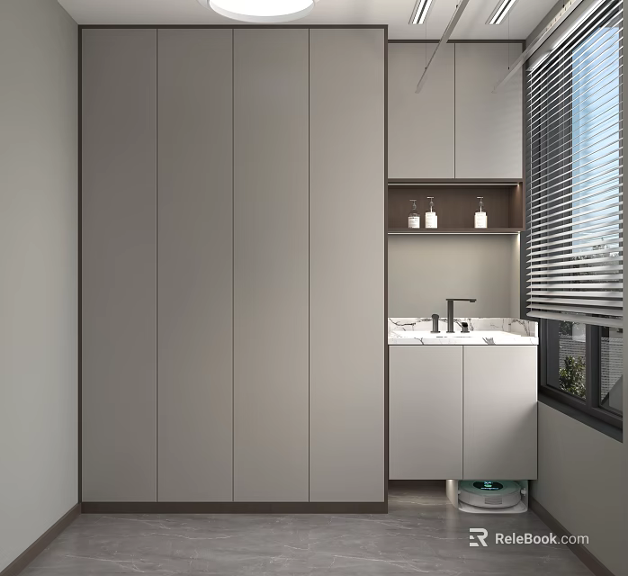 Modern Minimalist Bathroom Interior With Light Gray Cabinets Sink Shelves And Window Blinds 3d model 