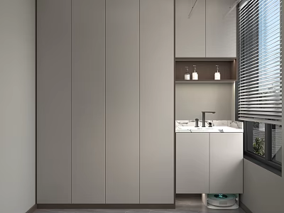 Modern Minimalist Bathroom Interior With Light Gray Cabinets Sink Shelves And Window Blinds 3d model
