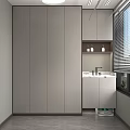 Modern Minimalist Bathroom Interior With Light Gray Cabinets Sink Shelves And Window Blinds