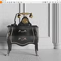 Elegant Black Bedside Table With Gold Handles Silver Trim And Vintage Telephone