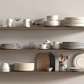 Minimalist Tableware Set Arranged on Wooden Shelves with Plates Cups and Bowls
