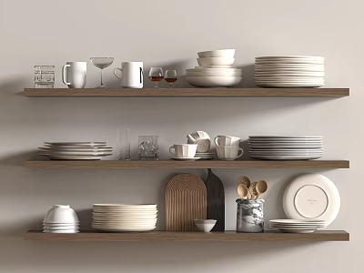 Minimalist Tableware Set Arranged on Wooden Shelves with Plates Cups and Bowls 3d model