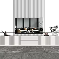 Modern White TV Stand With Vertical Striped Wall TV And Decorations