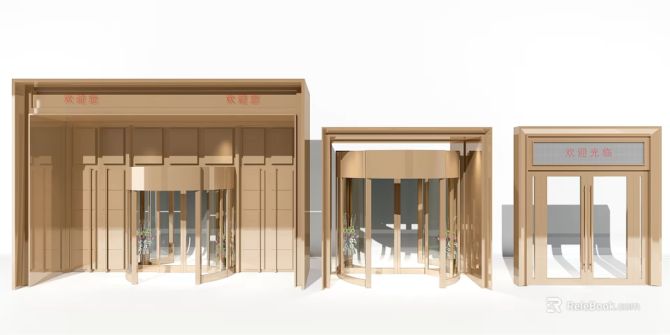 Modern Storefront Exterior Design With Revolving Glass Doors And Wooden Frames 3d model 