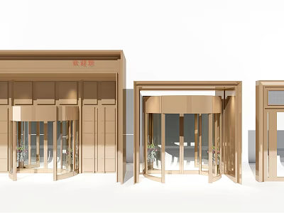 Modern Storefront Exterior Design With Revolving Glass Doors And Wooden Frames 3d model