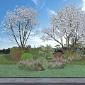 Elegant Trees With White Flowers Green Lawn And Colorful Shrubs Under Blue Sky