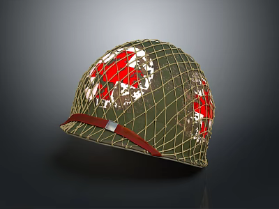 Green Military Helmet With Netting And Red Patterns Underneath Red Strap 3d model