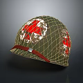 Green Military Helmet With Netting And Red Patterns Underneath Red Strap 3d model
