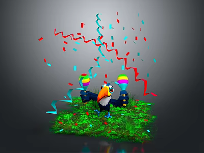 Vibrant Flying Toucan Standing On Green Grass With Colorful Streamers Confetti And Balloons 3d model