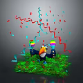 Vibrant Flying Toucan Standing On Green Grass With Colorful Streamers Confetti And Balloons