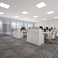 Spacious Public Office Space With Open Layout Desks Computers Ceiling Lights And Patterned Carpet 3d model