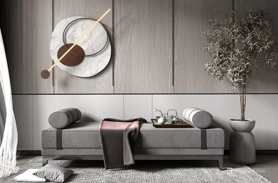 Modern Living Room Ottoman Design With Gray Cushions Soft Carpet And Decorative Art 3d model 