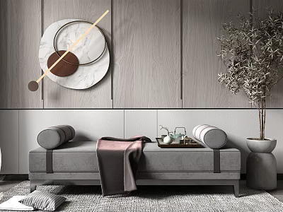 Modern Living Room Ottoman Design With Gray Cushions Soft Carpet And Decorative Art 3d model