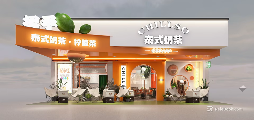 Modern Thai Milk Tea Shop With Lemon Tea And Green Plant Seating Area 3d model 