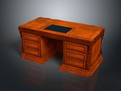 Classic Wooden Office Desk Featuring Brown Finish Black Panel And Ornate Carved Drawers 3d model